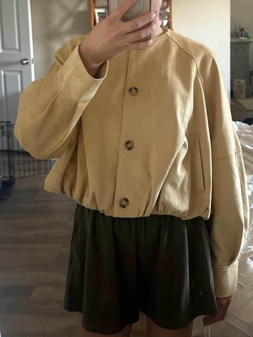Neutral Beige Women's Button Front Bomber Jacket